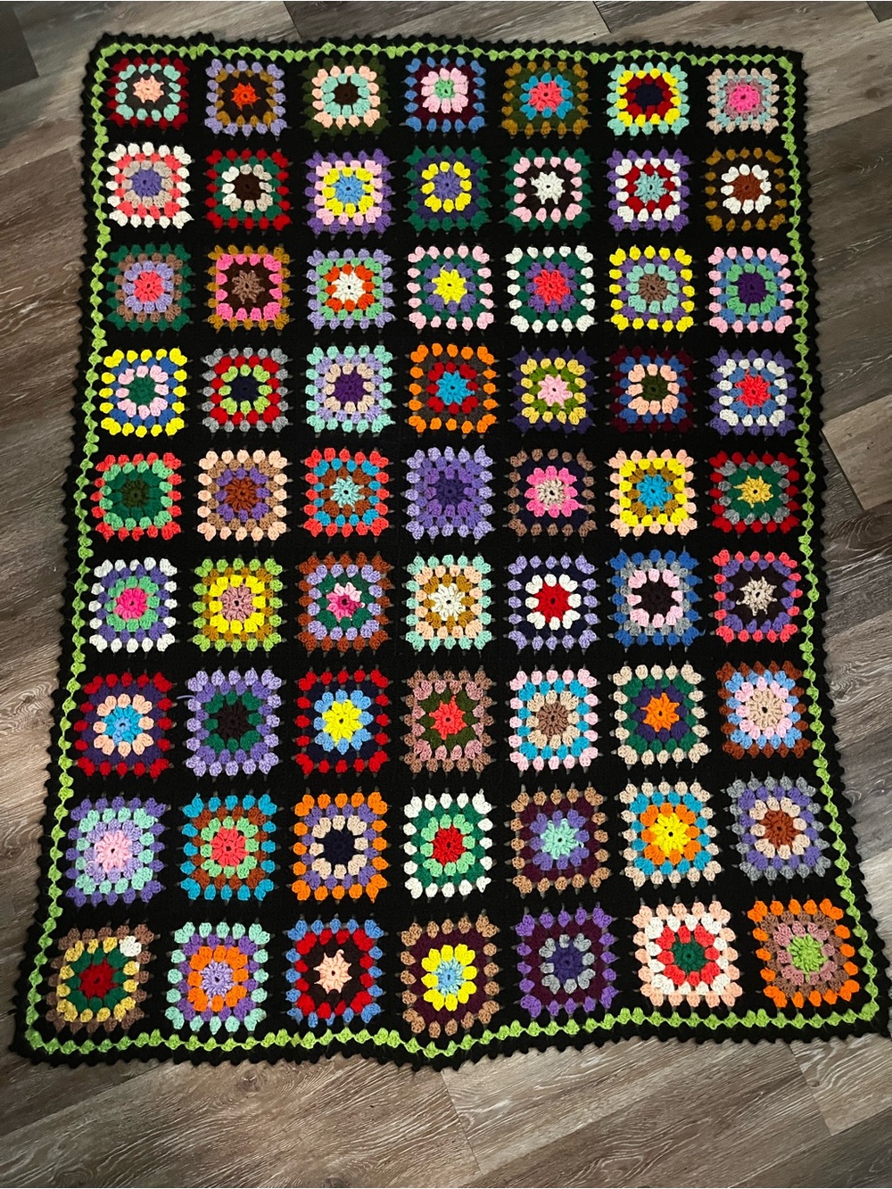 Vintage Granny Square Crochet Blanket Afghan Retro Boho Chic Black Multi Color